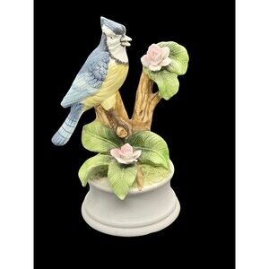 Royal Crown PORCELAIN BLUE JAY On Tree Branch MUSIC BOX Works Great 8"